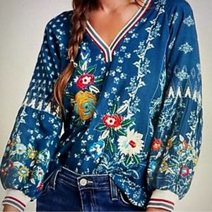 Vinet Bahl Blue Embroidered Floral Linen Blend Top Large Anthropologie